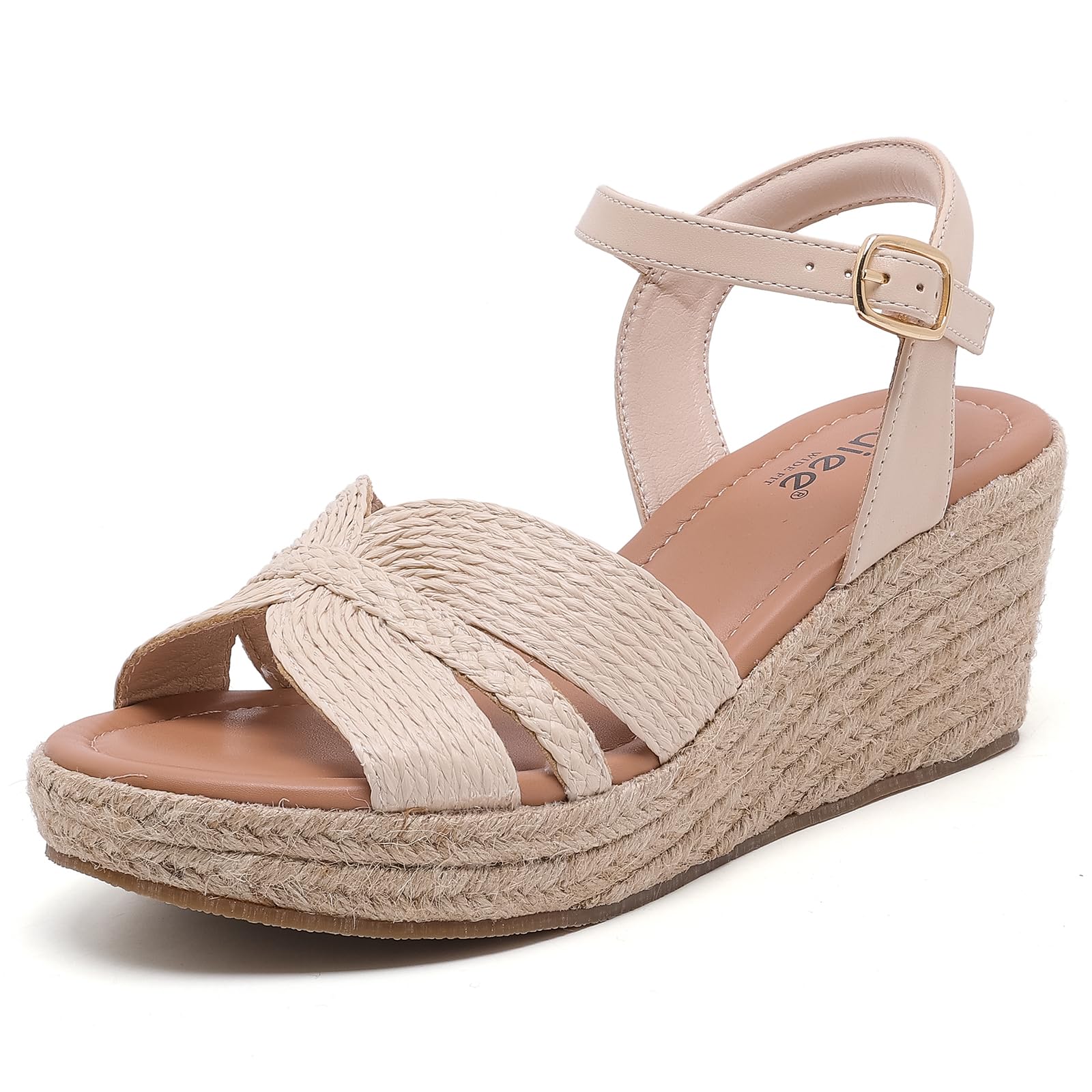 Photo 1 of Ruiee Wide Width Wedge Sandals for Women, Ankle Strap Cute Round Toe Summer Shoes Platform Espadrille Wedge Dressy Womens Sandals.258011 Nude Size8.5