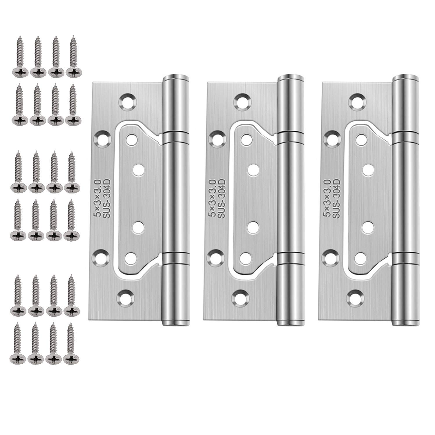 3pcs 5Inch Home Door Hinges Ball Bearing Small Flush Hinge Non-Mortise Stainless Steel Brushed Nickel Smooth and Silent Movement Replacement Ball Bearing Mute (Silver)