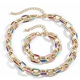 Navirix Colorful Chain Necklace Bracelet Set Chunky Drip Oil Metal Choker Necklace for Women Cuban Chain Bangle Simple Adjustable Party Dancing Jewelry Gift