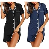 Samring 2 Pack Nightgowns for Women Short Sleeve Sleepwear Button Down Nightshirts Sleep Shirts Boyfriend Pajama Dress