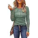 Limerose Women's Long Sleeve Lace Trim Tunic Tops Button Down Casual Blouse Cute Crew Neck Ribbed Shirt