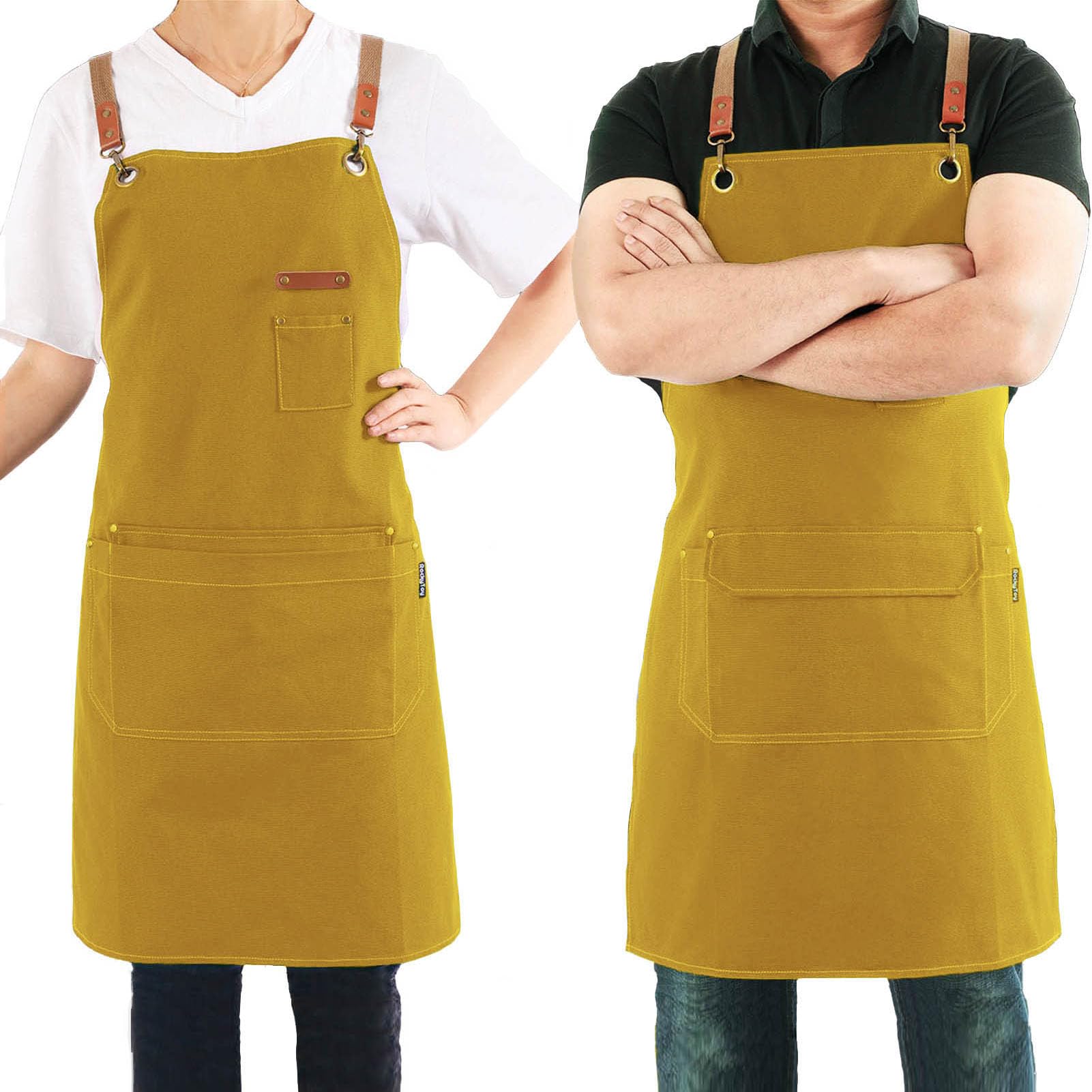 Magimate Canvas Apron with Pockets and Cross-back Straps for Chef Kitchen Cooking BBQ, Barista Bartender Barber Shop and Art Gardening Work Professional Aprons - Yellow