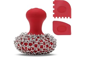 SUBEKYU Cast Iron Scrubber Kit, Stainless Steel Cast Iron Skillet Cleaner, Chainmail Scrubber with Scraper Tool for Cast Iron Pans/Grill Nets/Sinks, Red, 1 Set