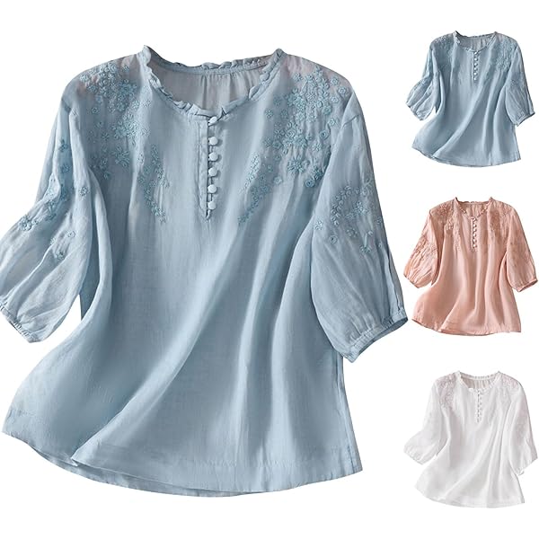 トップス bluelea Embroidery jacquard blouse Amazon.com: Women's 3/4 Sleeve Shirts Cotton Linen Jacquard