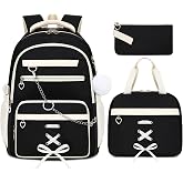 GeeWin Backpacks for Girls, Girls Backpack with Lunch Box &amp; Pencil Case Set | 17" Waterproof Bookbag with a Detachable Chain for Kids, Teens, Elementary Middle High College School Student (Black/Beige)