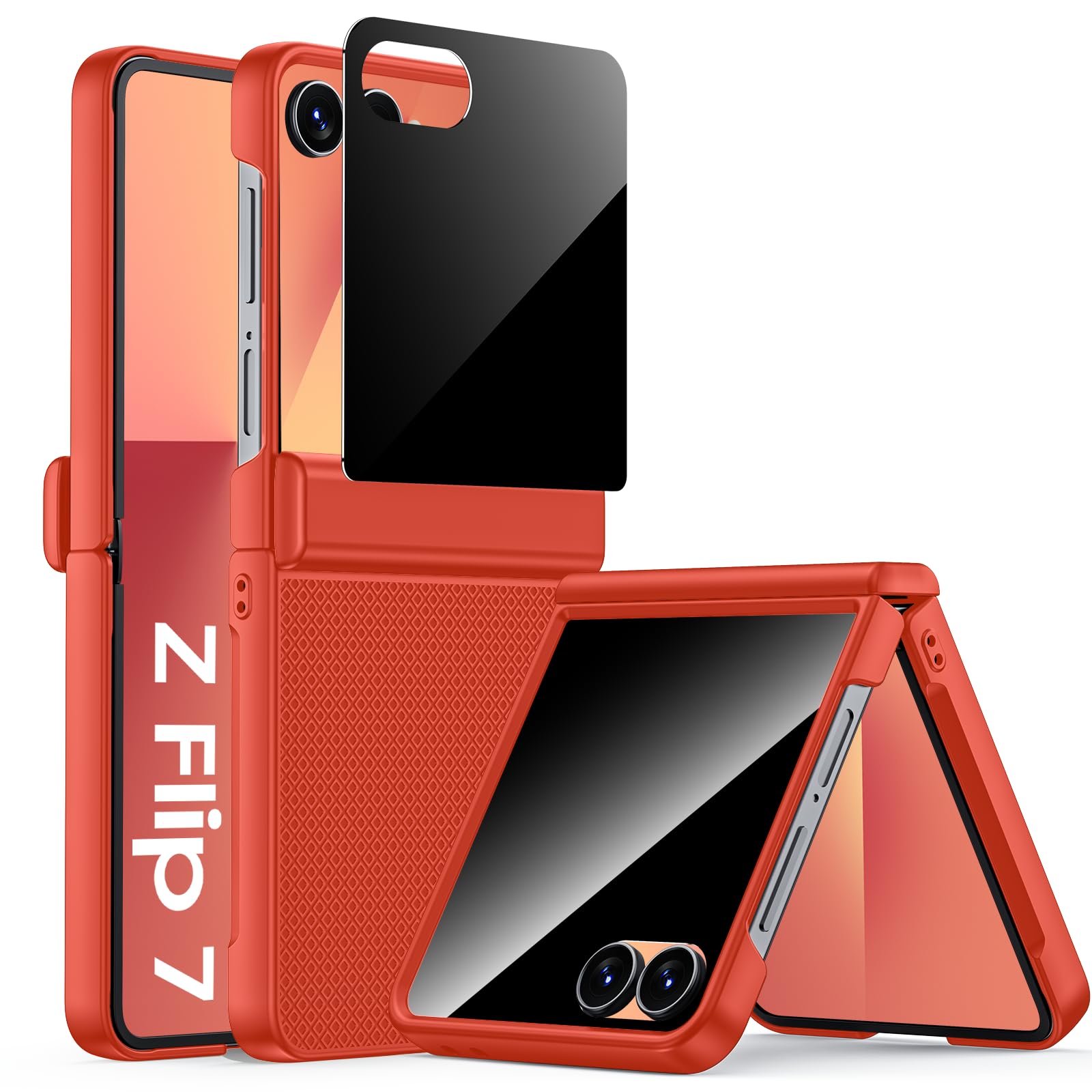 Spugan for Samsung Galaxy Z Flip 7 Case with Privacy Screen Protector & Hinge Protection, Slim Non-Slip Hard Full Body Shockproof Cover Wireless Charging Case for Galaxy Z Flip 7 (Coral)