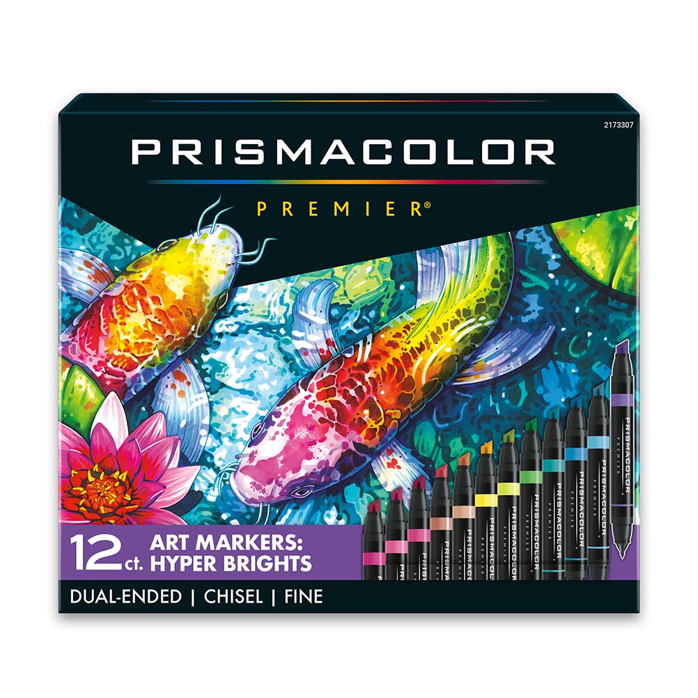 Prismacolor Premier Dual-Ended Art Markers Chisel Tip and Fine Tip Hyper Bright Colors Adult Coloring 12 Count