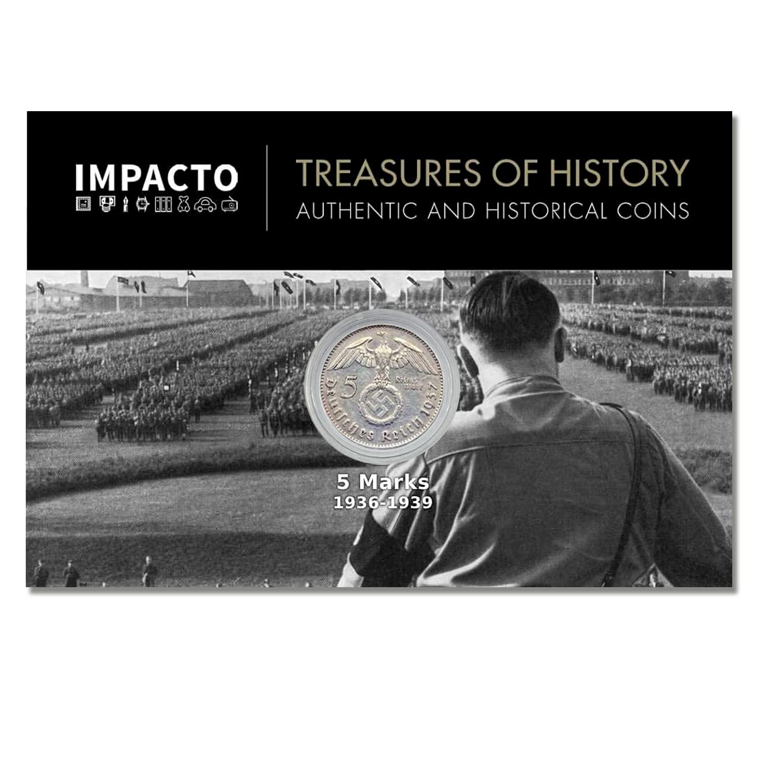 IMPACTO COLECCIONABLES WW2 World Currency - 5 German Marks Nazi Coin issued from 1936 to 1939 from the World War 2 - Third Reich Memorabilia