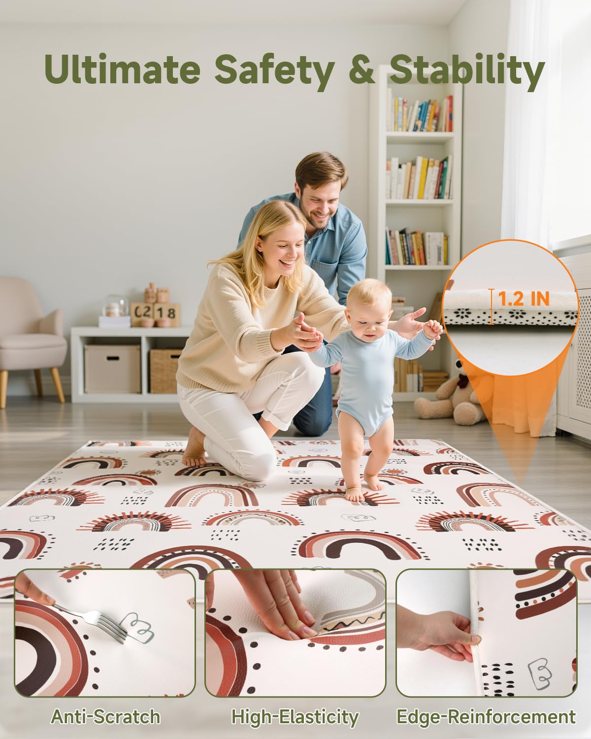 Baby Floor Play Mat,Soft Thick Foam Padded Tummy Time Mat,Waterproof Wipeable Kids Playmat for Babies 6-12 Months,Non-Slip Bottom for Crawling to Nursery Playpen,Rainbow