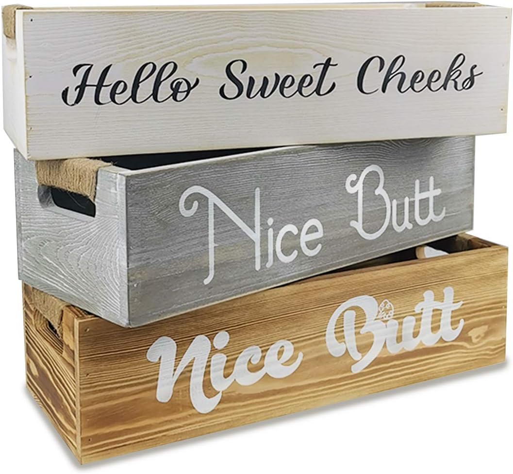 nobrand Farmhouse Rustic Wood Organizer, Bathroom Decor Box or Diaper Organizer, 2 Sides - Funny Box, Hello Sweet Cheeks with Funny Sayings (Grey): Home & Kitchen
