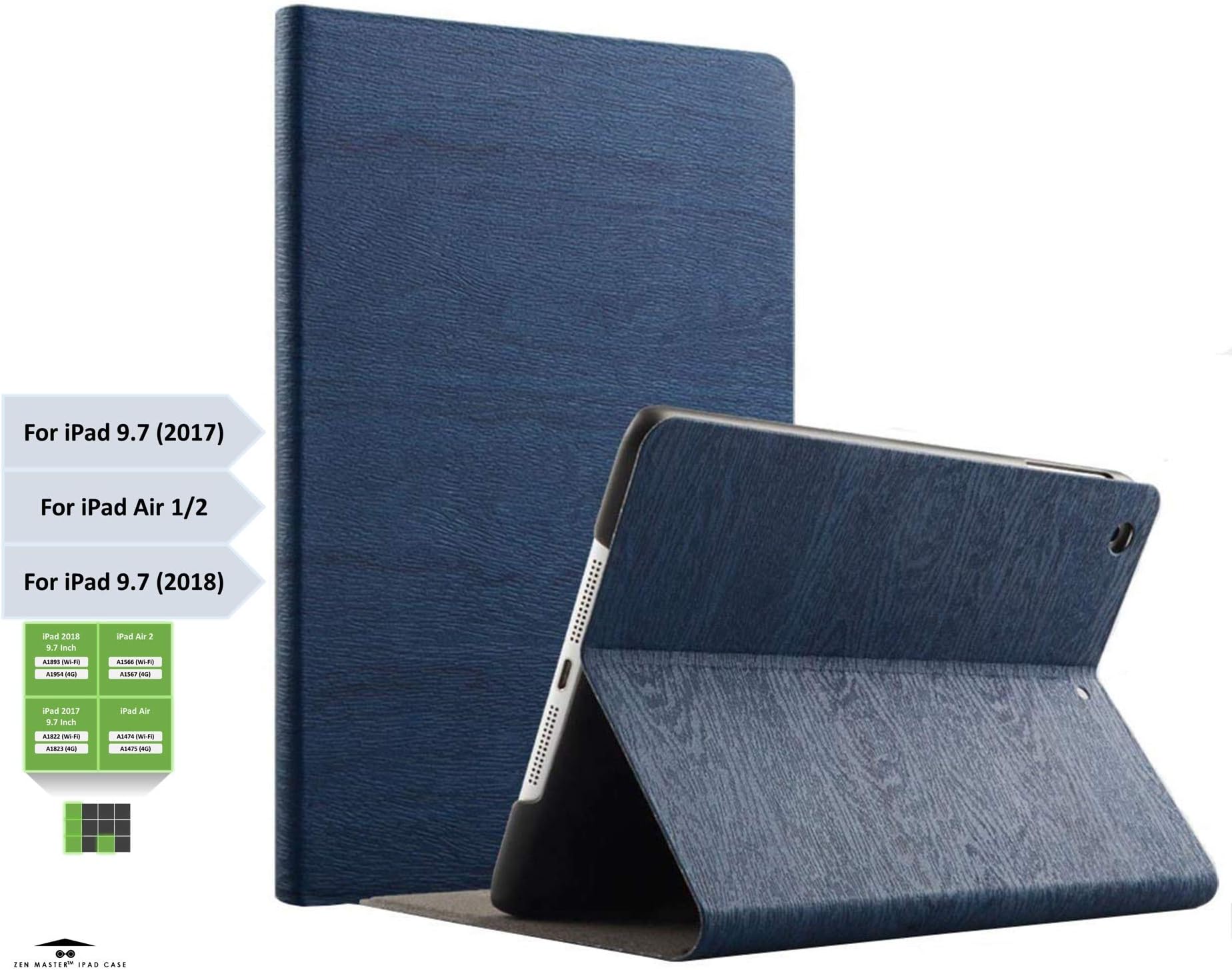 Zen Master 9.7 inch Magnetic Stand Cover Case for Apple iPad (Tree Texture Navy)