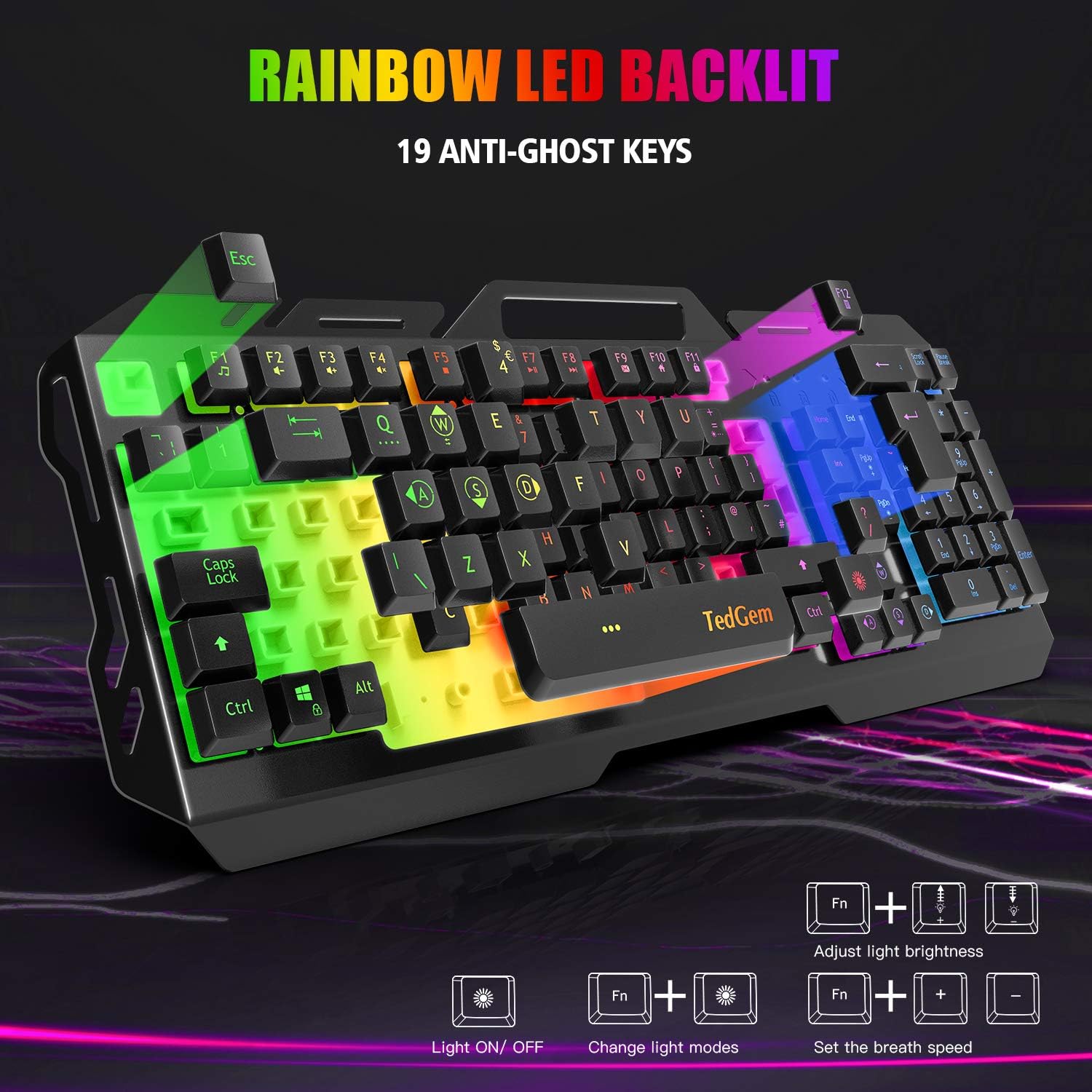 Tech Com Keyboard Gaming Keyboard, TedGem Gaming Keyboards USB Wired Keyboard LED Backlit ...
