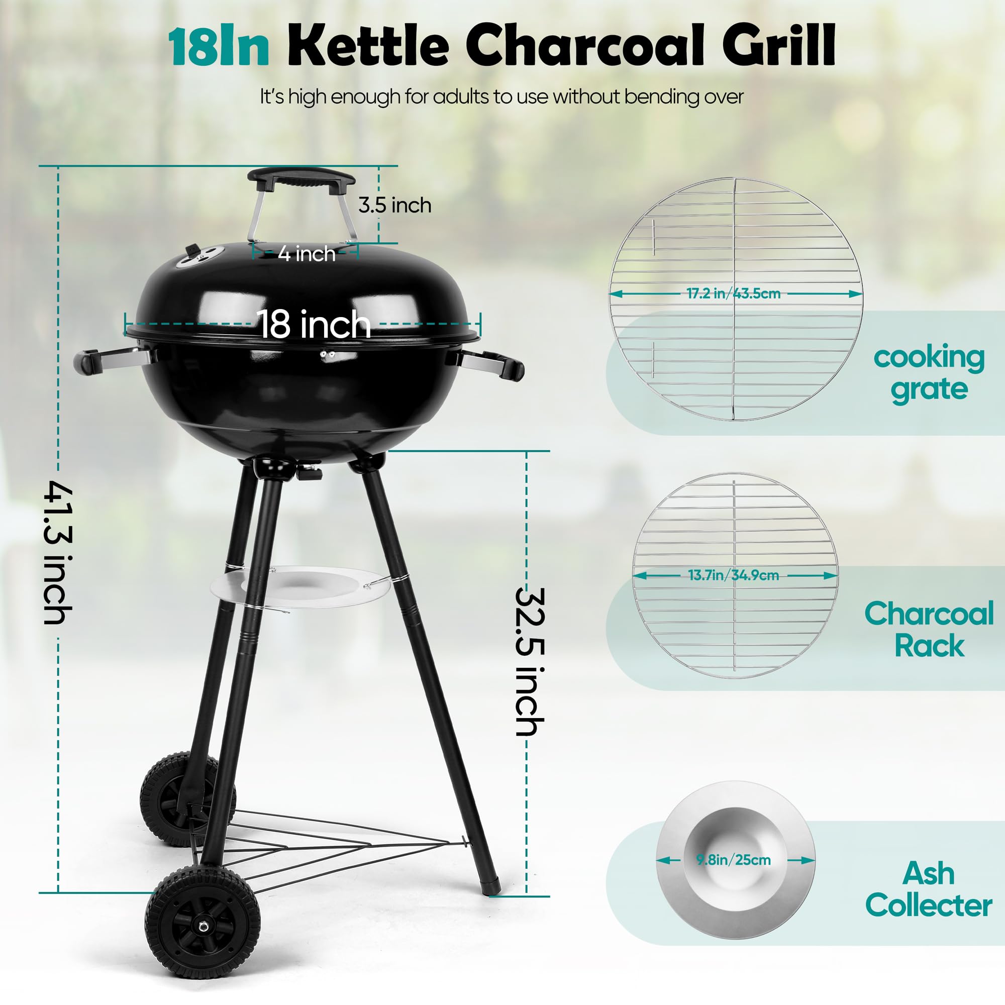 Charcoal Grill Portable HaSteeL 18 Inch 2-In-1 Kettle Outdoor