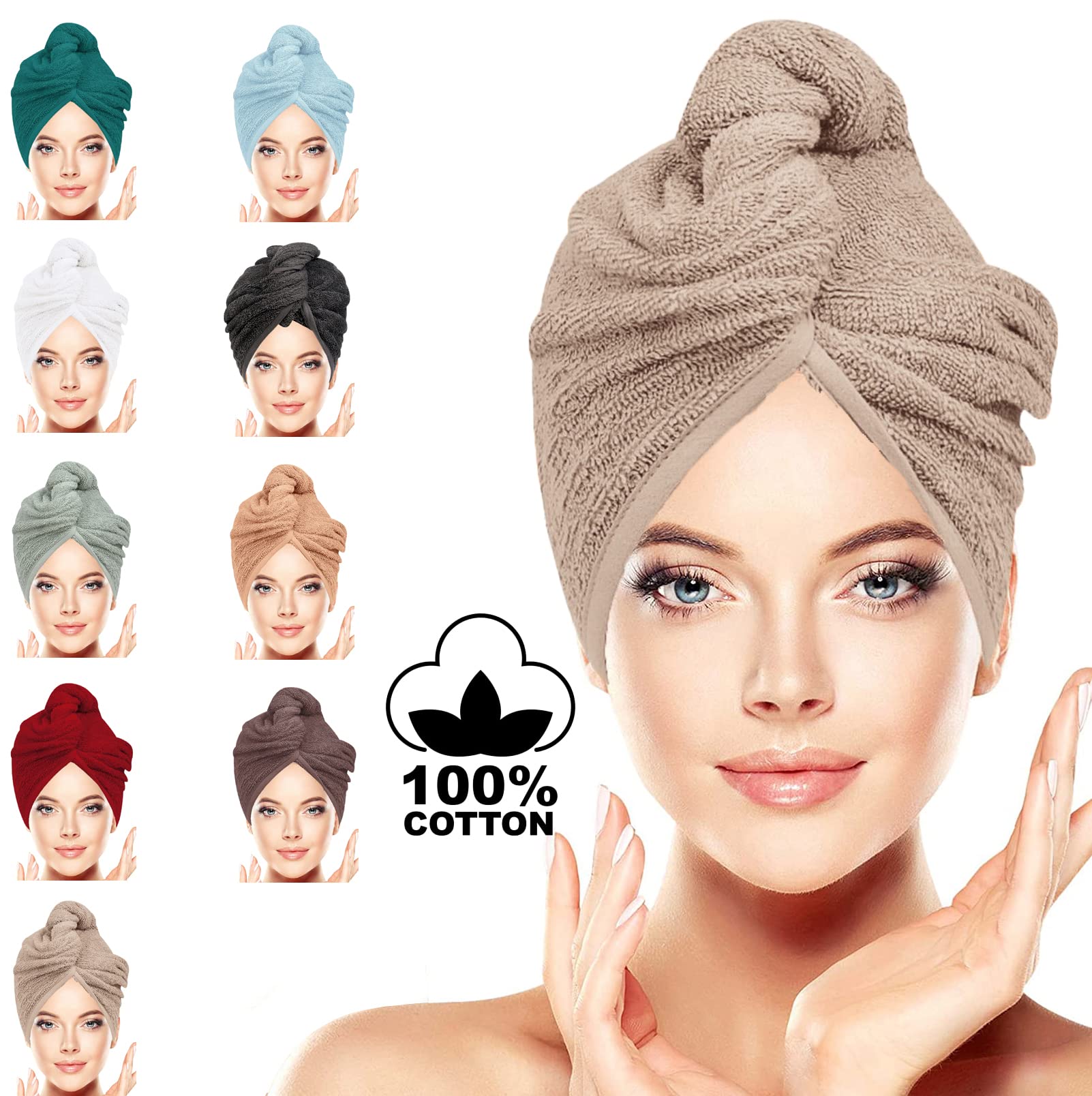 BAVIN LUXURY Hair Towel Wrap 100% Cotton, Instant Drying Lightweight Turban Cap Super Quick Absorbent Anti-Frizz Twist Toweling Dry Hat with Button Loop for Long Curly Hairs, 62CM x 23CM Beige Single