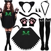 Skicuff 7 Pcs Black Cat Halloween Costumes for Women, Glow in The Dark | Glowing Poncho, Ear Headband, Paw Gloves, Choker, Socks and Earrings, Adult Cat Costume Accessories for Cosplay Party