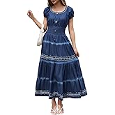 DREFBUFY Women's Casual Scoop Neck Short Sleeve High Waist Denim Ruffle A-line Cotton Lightweight Flowy Long Maxi Dress