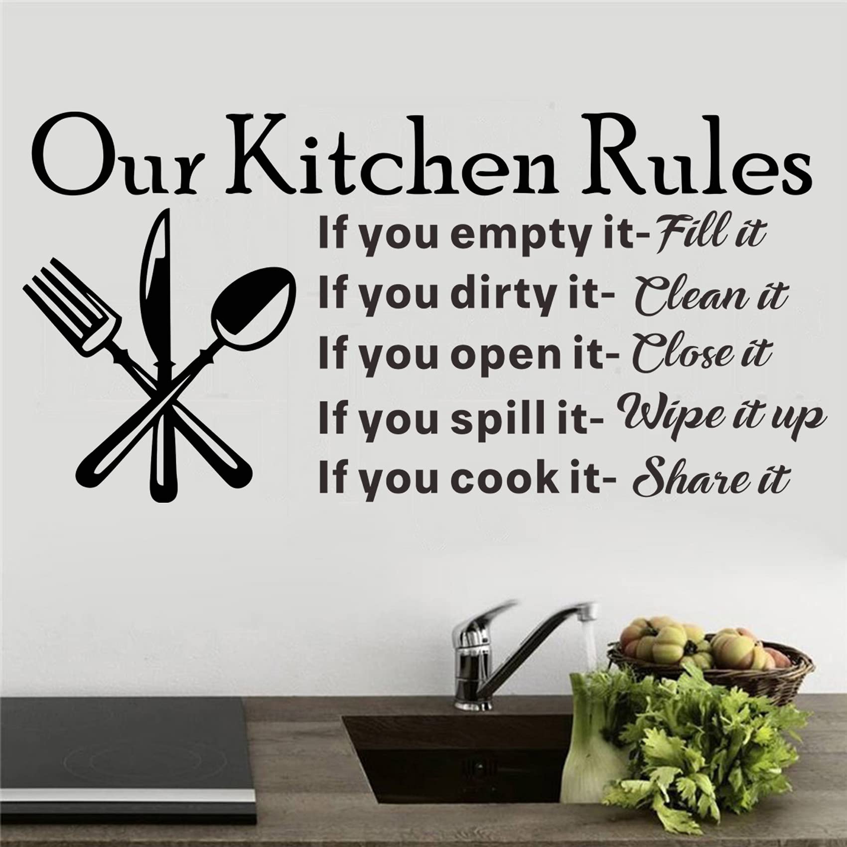 Our Kitchen Rules Wall Decal Vinyl Wall Stickers Removable Wall Decor Art DIY Knife Fork Spoon Quotes Sticker Mural for Dinner Room Livingroom Window Home Decoration Wallpaper