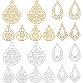 PH PandaHall 60pcs Filigree Earring Charms 5 Styles Flat Teardrop Filigree Earring Pendant, Silver Gold Brass Hollow Metal Charms for Hairpin Headwear Necklace Jewelery Making, 20~29mm