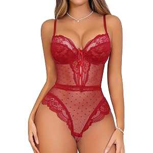 CHALOVELO Women Sexy Lingerie Bodysuit Sheer Lace Deep V Neck Teddy Polka Dot Body Suits Mini Babydoll with Stockings