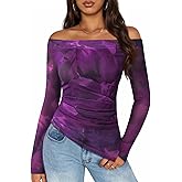 ZESICA Floral Mesh Off Shoulder Long Sleeve Tops for Women 2026 Y2k Double Lined Sheer Spring Going Out Shirts