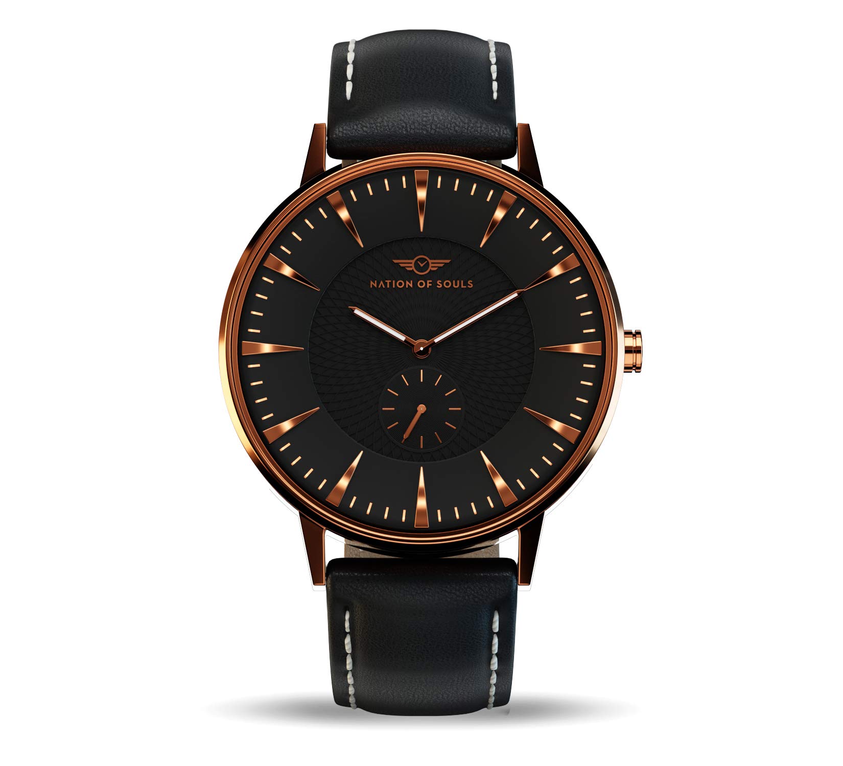 Nation of Souls Eclipse Collection Rose Gold and Black Men's 42mm Stainless Steel Case Wrist Watch with 20mm Leather Strap British Designed Watches