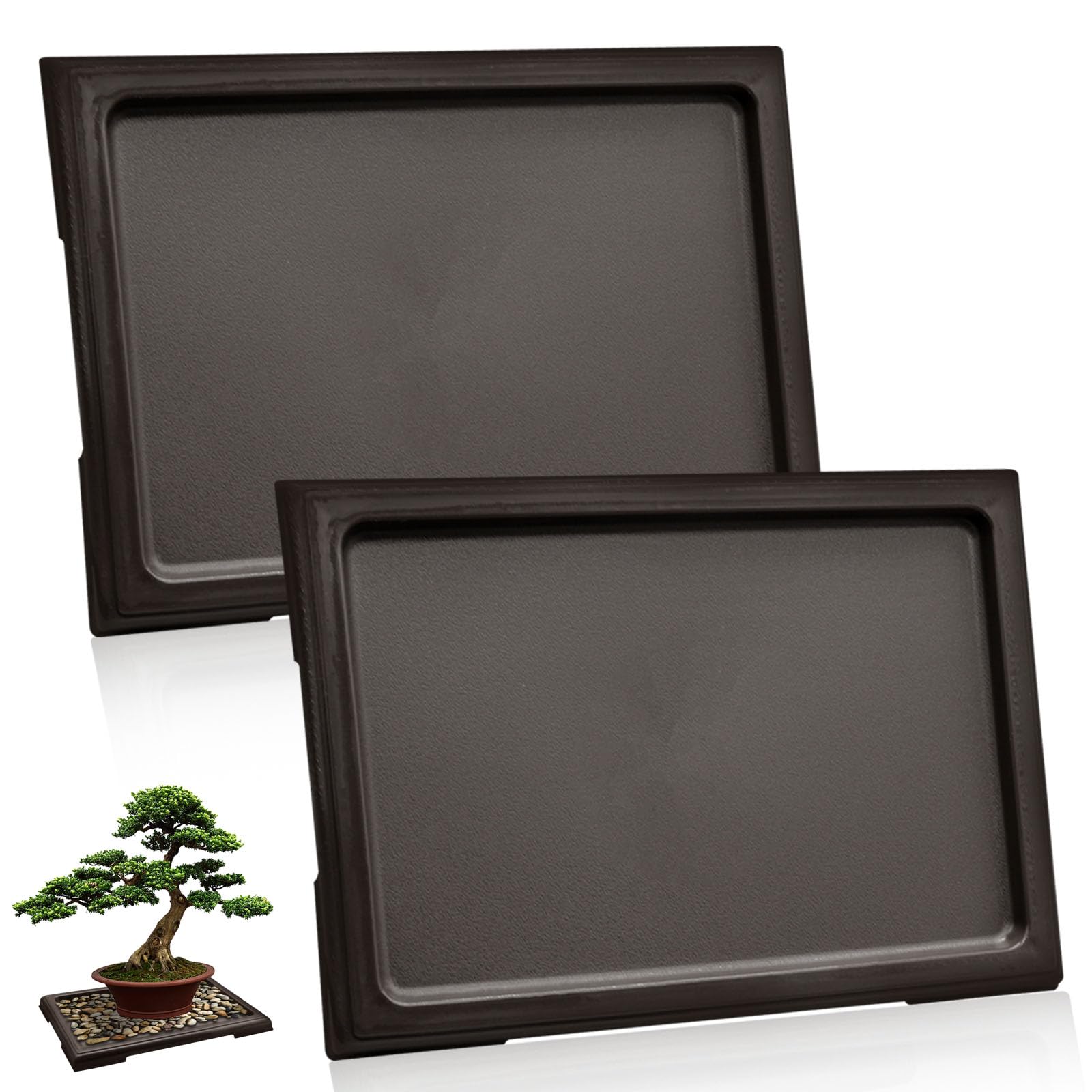 2Pcs Bonsai Pots Humidity Tray, Square Plastic Plant Saucer, Drip Trays & Pebble Trays for Indoor Cactus Bonsai Tree, Black