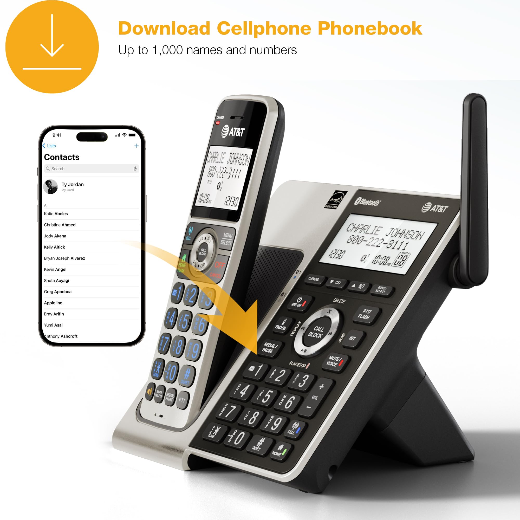 AT&T BL3107-3 3-Handset DECT 6.0 Cordless Home Phone with Bluetooth, Answering System, Smart Call Blocker, Extended Range, 2