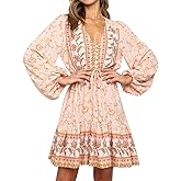 R.Vivimos Women's Cotton Long Sleeves V-Neck Button Up Floral Print Bohemian Flowy Mini Dress