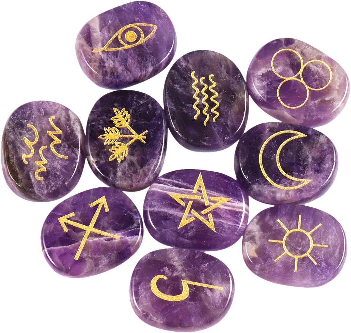mookaitedecor Amethyst Witches Runes Set,Healing Crystal Palm Stone Engraved Gypsy Symbol for Meditation Divination - Image 4