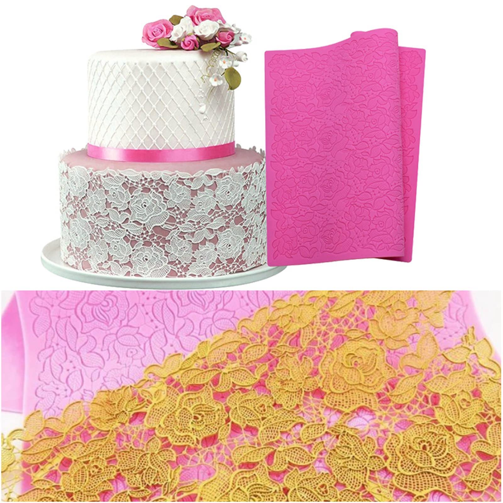 15" Large Silicone Rose Flower Cake Decor Mold Sugarcraft Pastry Fondant Clay Mould Leaves Cupcake Topper Impression Lace Decorating Tool