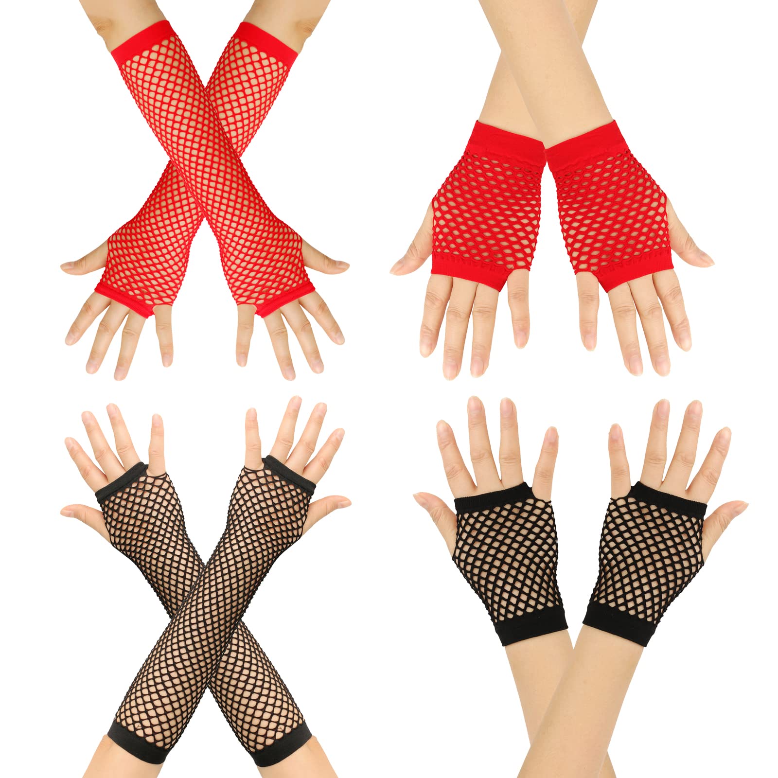 WUDQIJI Long and Short Fishnet Gloves, 4 Pairs of Mesh Gloves, Rocky Net Gloves, Fishnet Gloves, Fingerless Mesh Gloves for Party Accessories, Carnival, Theme Party (Black, Red), black, red, One size