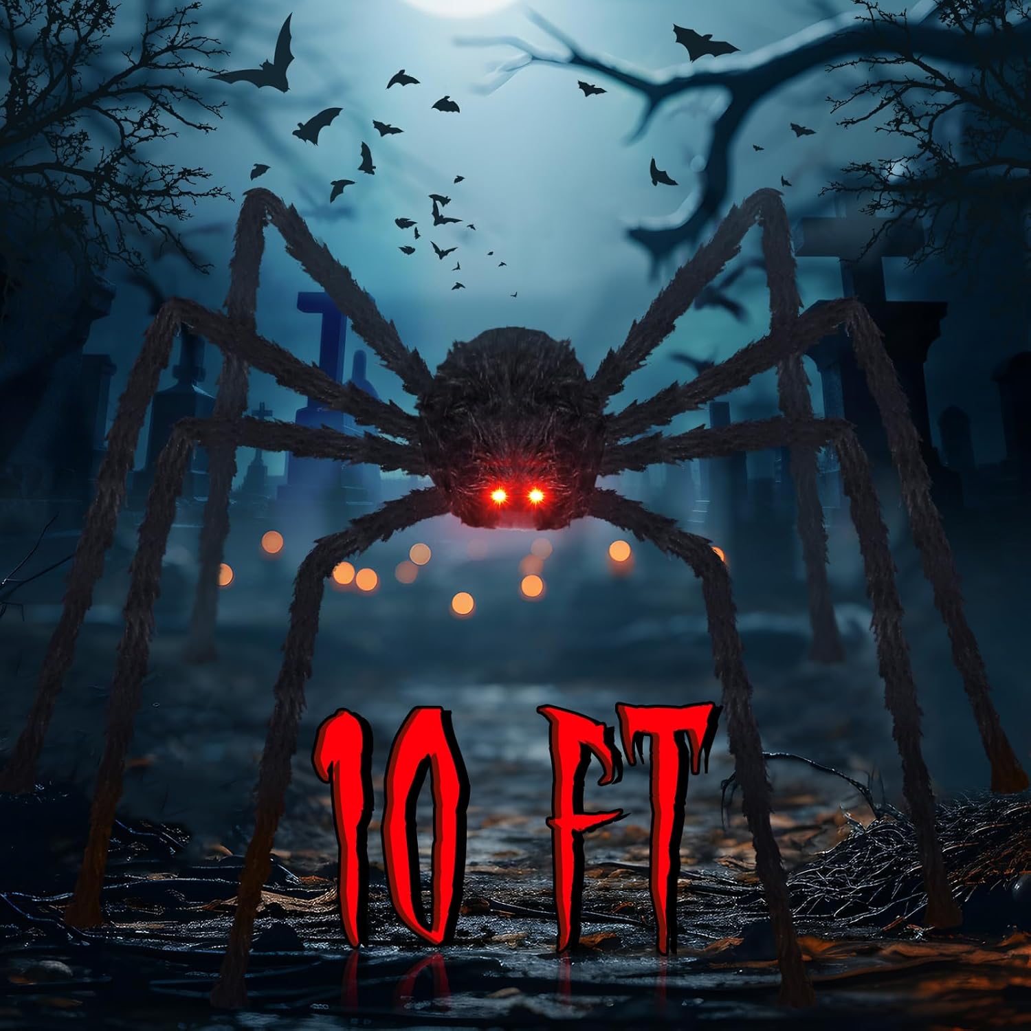 Outdoor Holiday Decorations - Wettarn 10 ft Black Halloween Giant Spider Scary Spider Red LED Eyes Fake Hairy Spider Props for Halloween Yard Creepy Party Outdoor Decorations