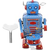 SAFIGLE Clockwork Tin Robot Toy Desk Decor Blue | Clockwork drumming action, retro collectible, for home office decor &amp; gifting, tin material, 3.74 x 2.16 x 2.16in
