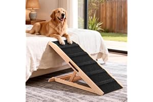 110CM Long Dog Ramp with Landing Platform for Bed, Couch & Car - 6 Level Adjustable Height (27CM to 60CM), Foldable Wooden Pe