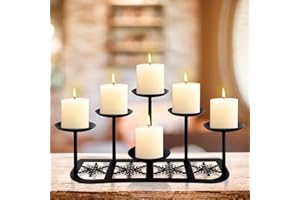 BEYOOGEEM Fireplace Candelabra Candle Holder Matte Black Metal Candleholder with 6 Candle Stands Mantle Decor for Flameless or Wax Pillar Candle Floor Table Centrepiece Christmas Wedding Party Decoration