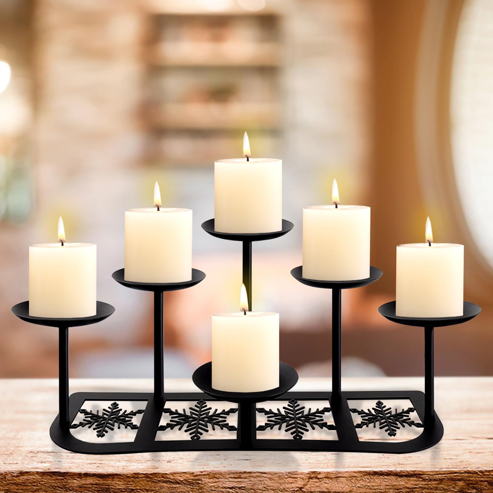 Fireplace Candelabra Candle Holder Matte Black Metal Candleholder with 6 Candle Stands Mantle Decor for Flameless or Wax Pillar Candle Floor Table Centrepiece Christmas Wedding Party Decoration