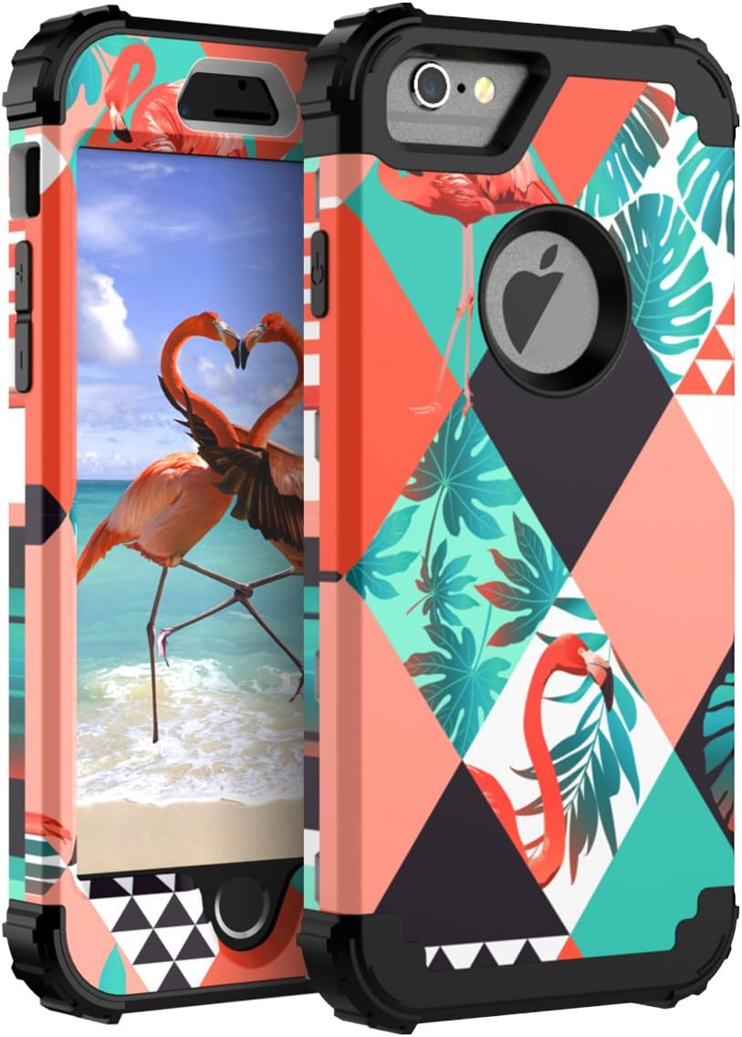 KaSoul Case for iPhone 6 Case for iPhone 6S Pretty Flamingo Hybrid Enhanced Shock Resistant 3 in 1 Cover,Black