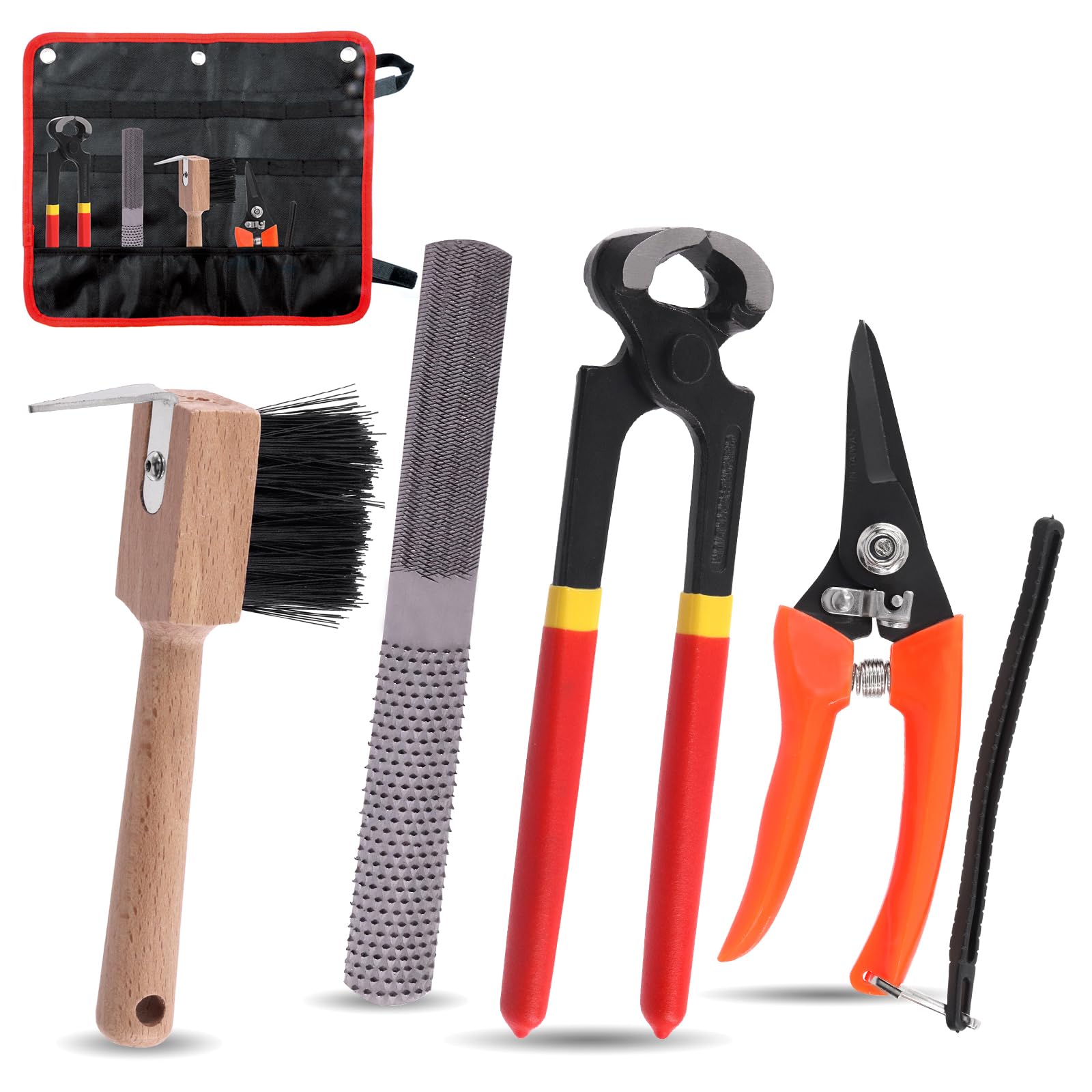 Rustark 5Pcs Professional Farrier Tools Kit with Roll Pack Hoof Trimming Tools Set Includes Hoof Nipper, Hoof Trimming Shears, Hoof Rasp, Hoof Cutter for Horse