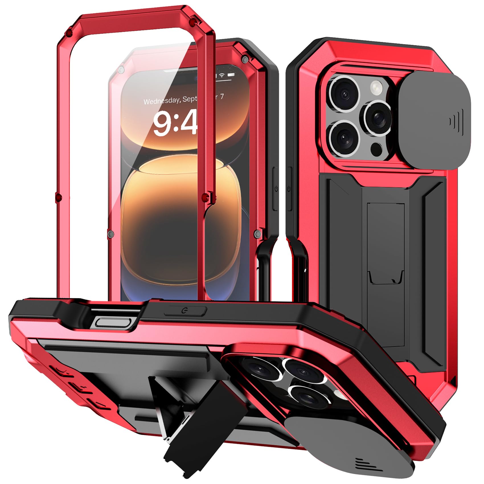 ANROD for iPhone 16 Pro Max Shockproof Case, Hard Case Aluminum Metal Gorilla Glass Military Heavy Duty Sturdy Protector Cover for iPhone 16 Pro Max, with Lens Protection Cover (Red)