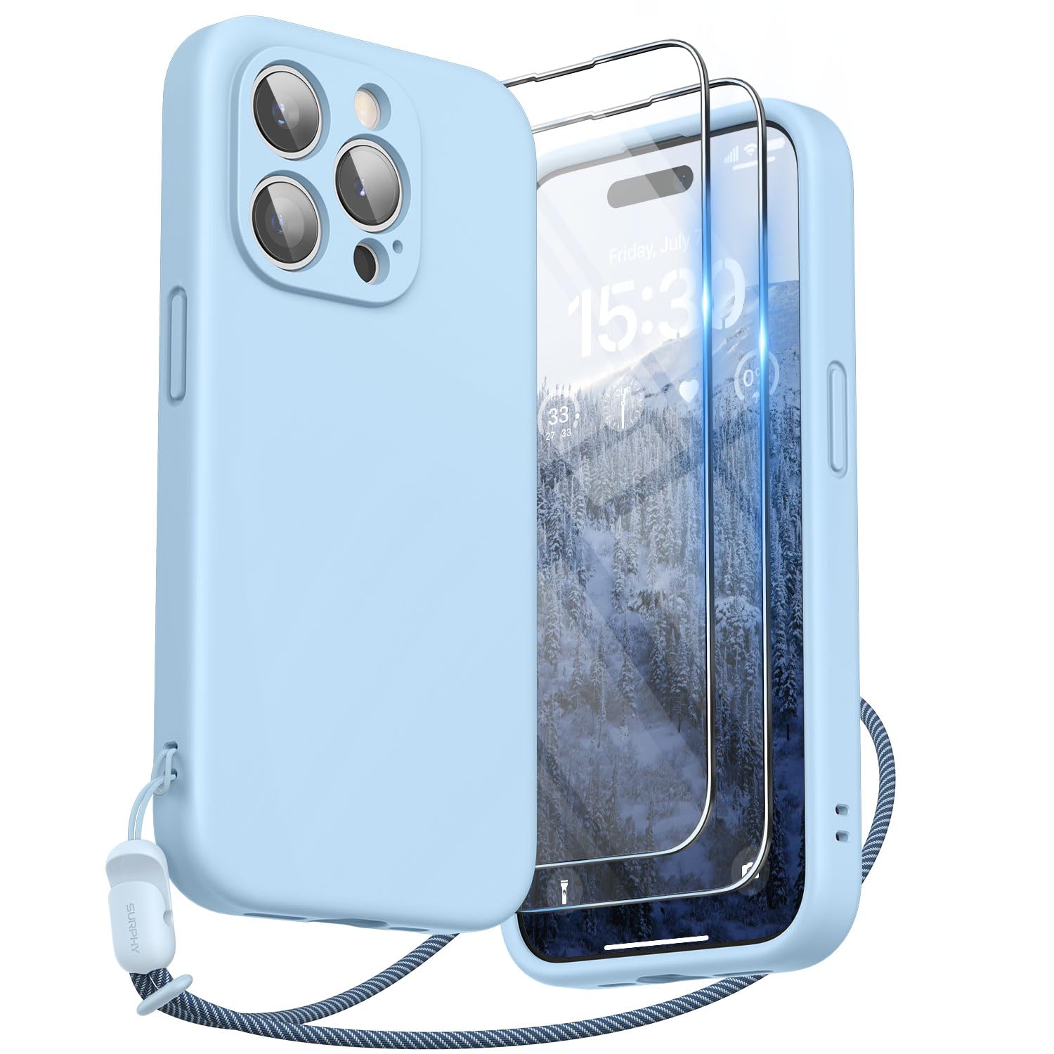 SURPHY Design for iPhone 15 Pro Case, Liquid Silicone Protection for Each Lens [2 x Screen Protectors & 1 x Lanyard] Shockproof Cover for iPhone 15 Pro 6.1 inch 2023 (Light Blue) — image 1