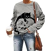 Black Cat on Pumpkin Sweatshirt Halloween Sweatshirts for Women Fall Pumpkin Face Tee Lightweight Pullover Tops