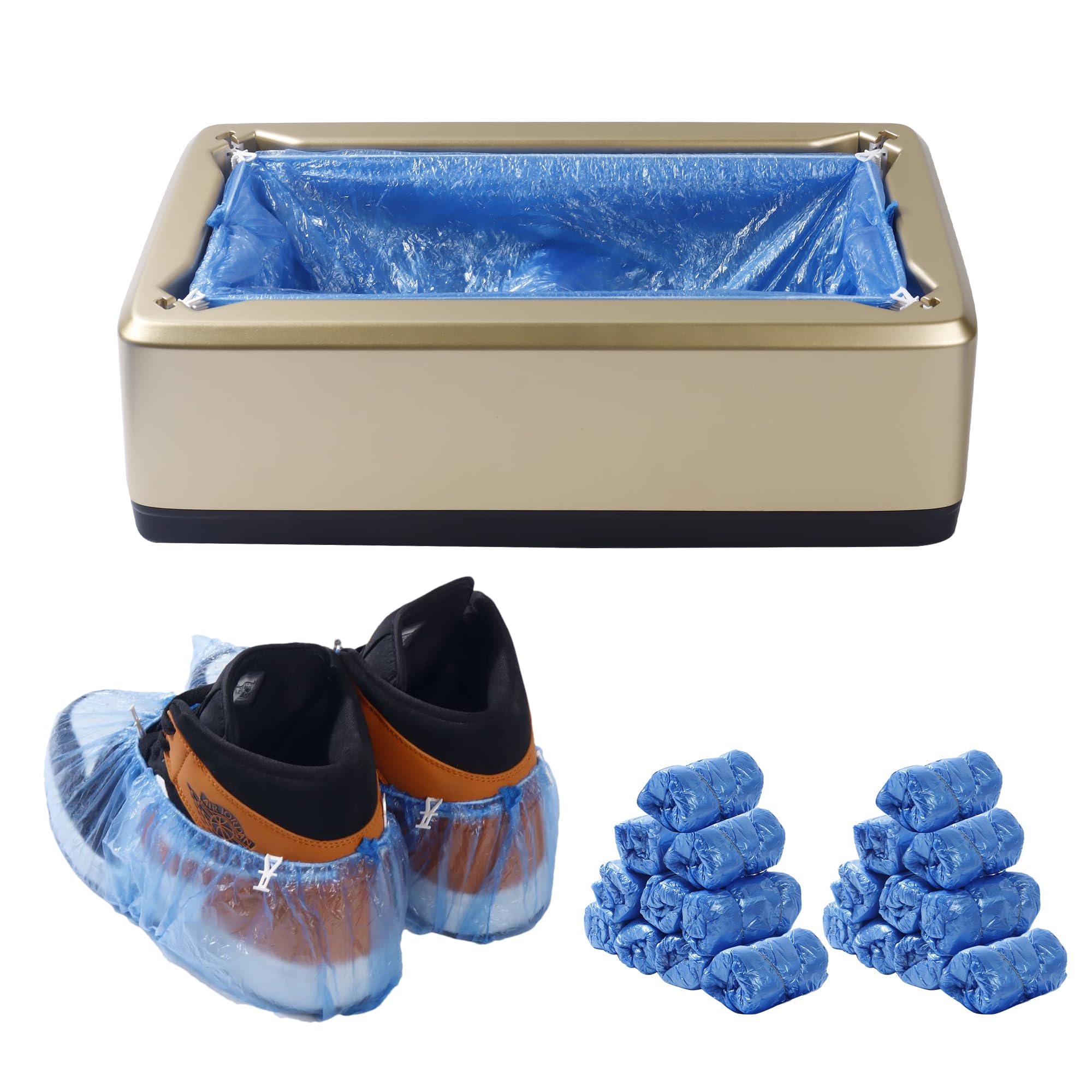 Photo 1 of ZFYOUNG Automatic Shoe Cover Dispenser, Waterproof and Non-slip, 200 Disposable Shoe Covers for Men's Shoes up to Size 12, Great for Home, Office, Factory and Indoor Use (Gold)