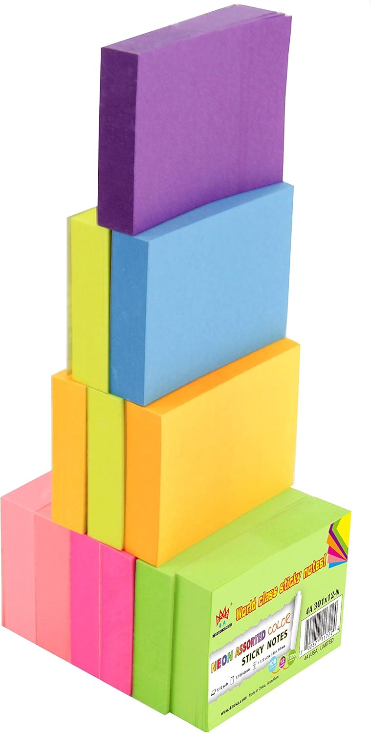 4A Sticky Notes,1 1/2 x 2Inches,Neon Assorted, 100 Sheets/pad,12 Pads