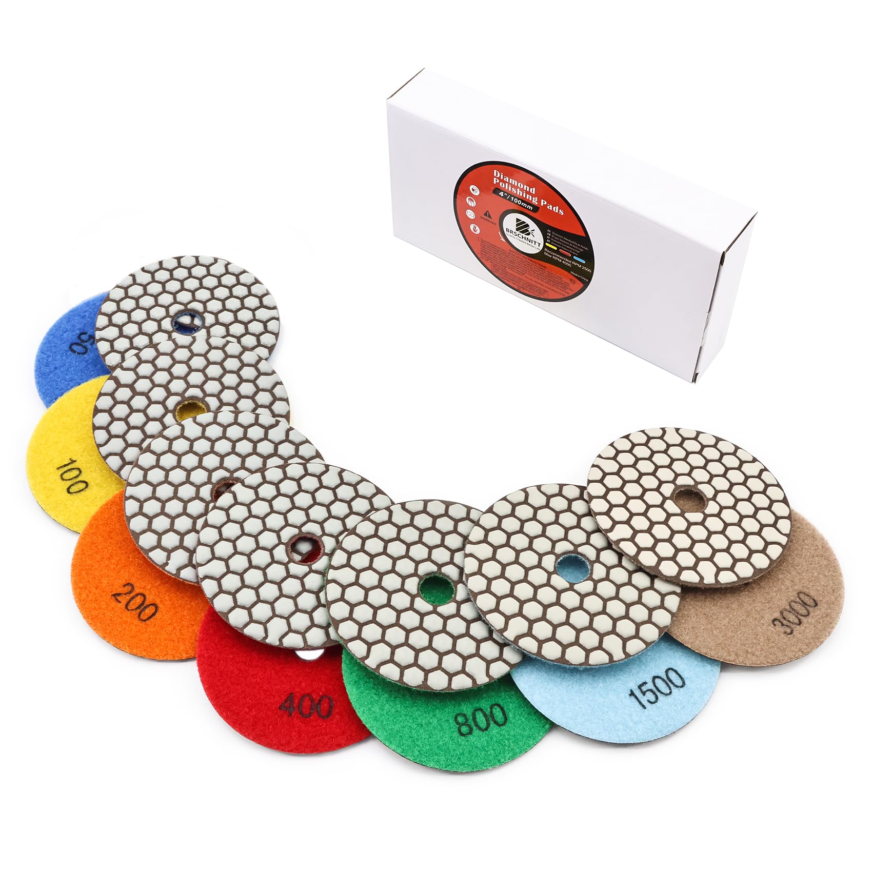 BRSCHNITT Dry Diamond Polishing Pad Set,7pcs 100mm #50-3000 for Stone Marble Quartz Granite Sanding Disc Countertop Polish Polisher Pads Kit Tools Used on Grinder or Polisher