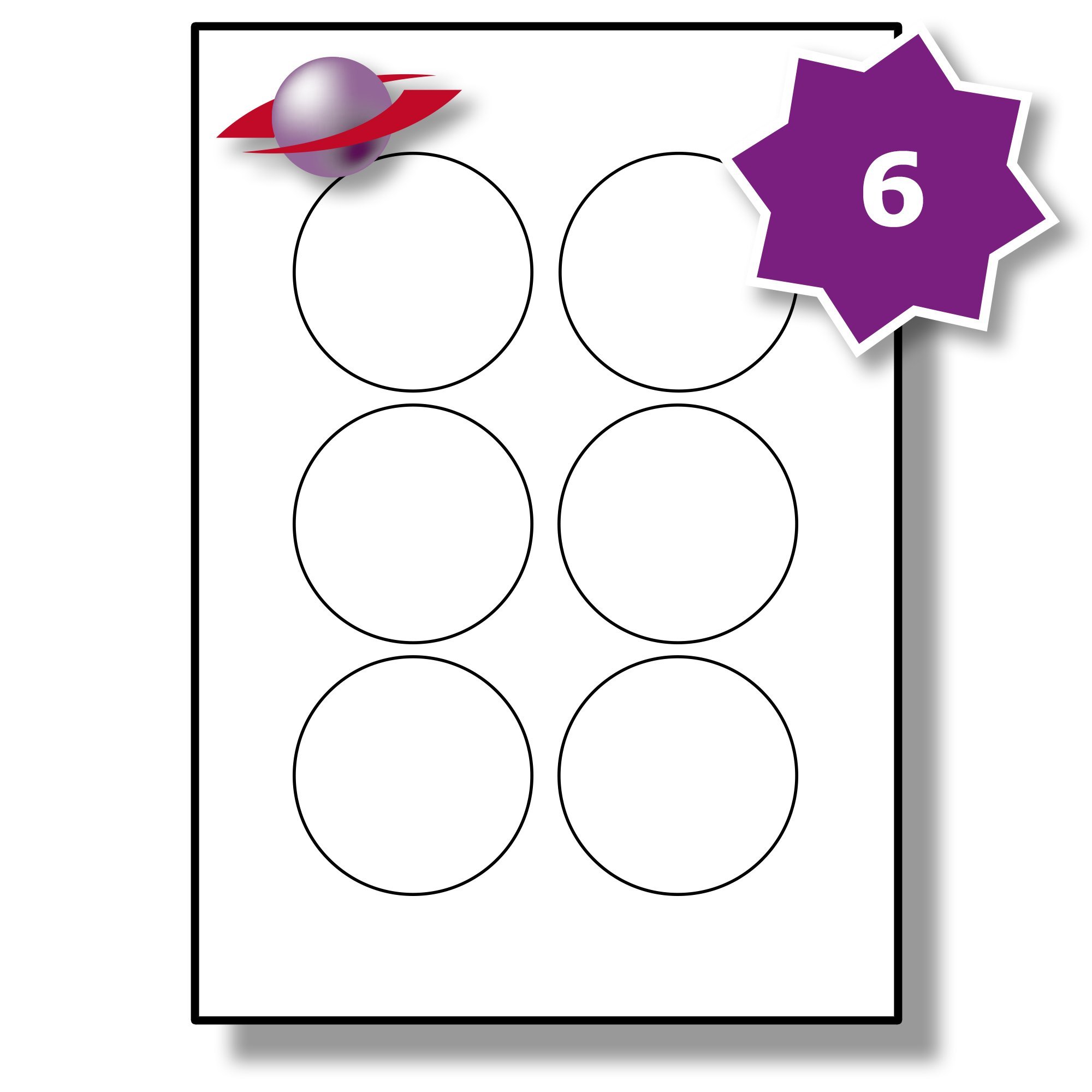 Label Planet® 6 Per Page/Sheet, 25 Sheets (150 Round Sticky Labels), White Matt Paper A4 Circular Circle Pricing Stickers, for Laser/Copier/Inkjet Printer, UK LP6/72R, 72MM Diameter Circles