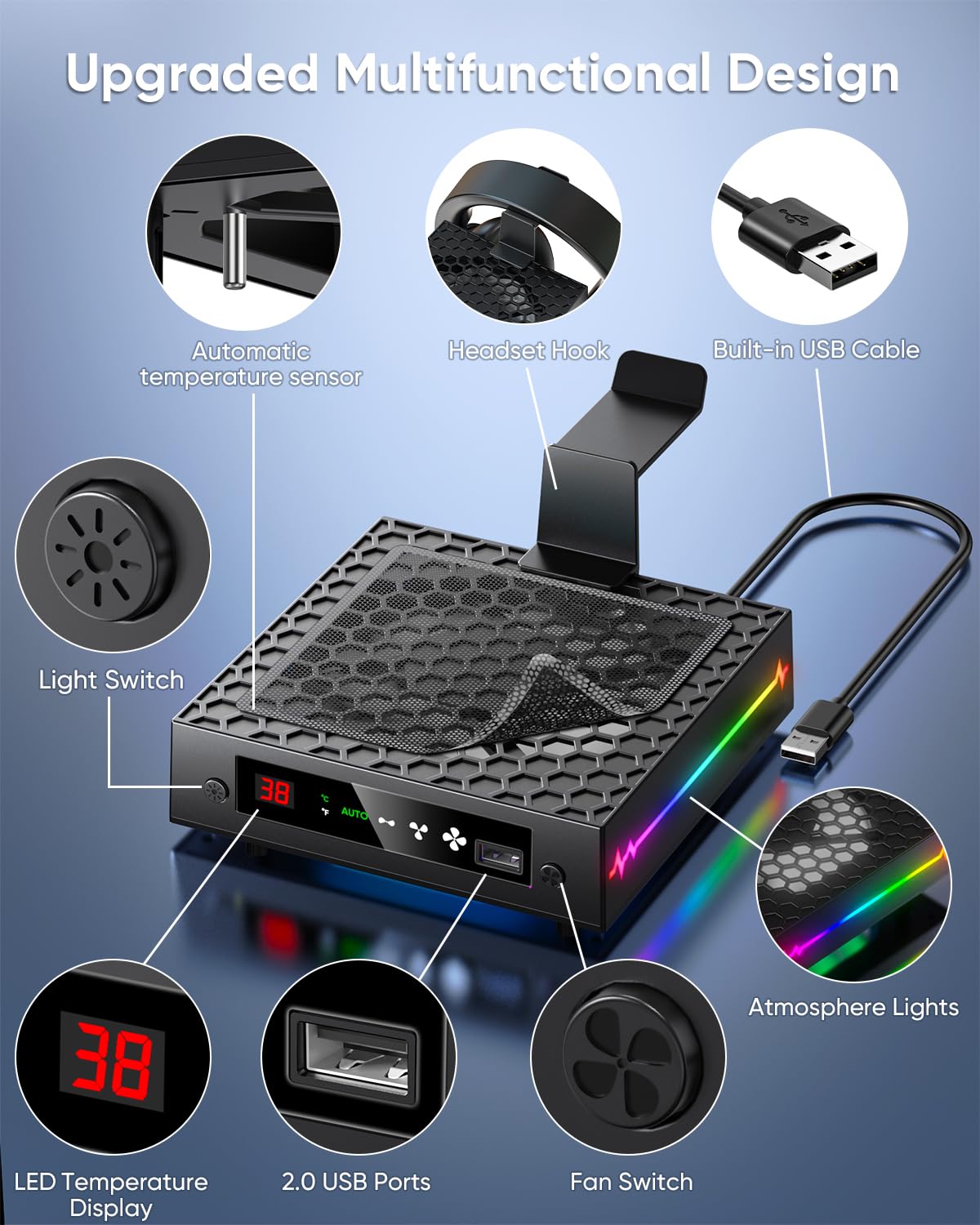[LED Display] - Auto Cooling Fan for Xbox Series X with 9 RGB Light Modes, Cooling System Adjustable by Temperature with 4 Gears for Xbox Series X Console,Cooler & Light Switch,Headset Hook,USB Port
