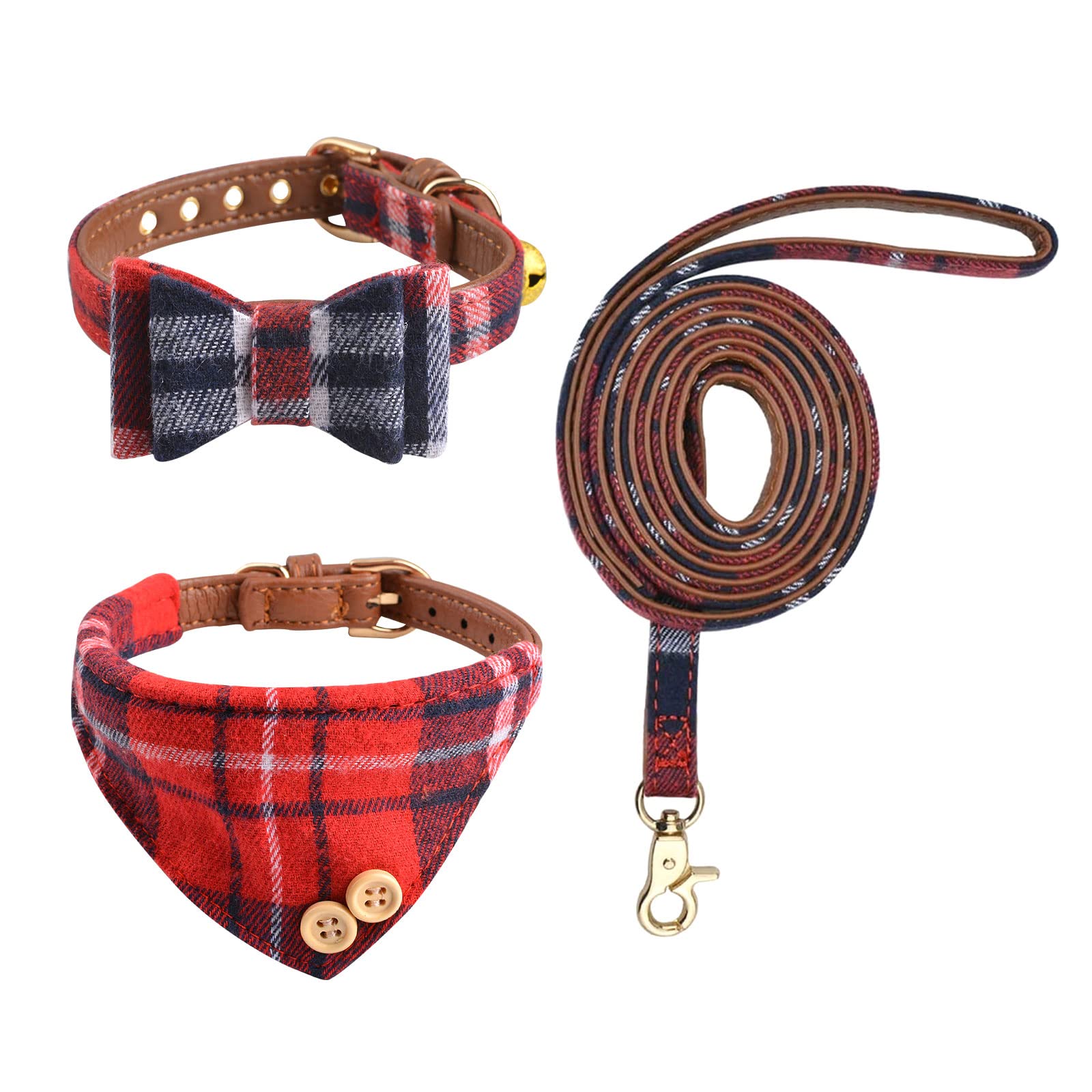 HACRAHO Bow Tie Dog Collar with Leash Set, 3 PCS Adjustable Puppy Collars Bandana with Bell Plaid Red Bandana Dog Collar for Small Dogs, Puppies and Cats Outdoor Walking