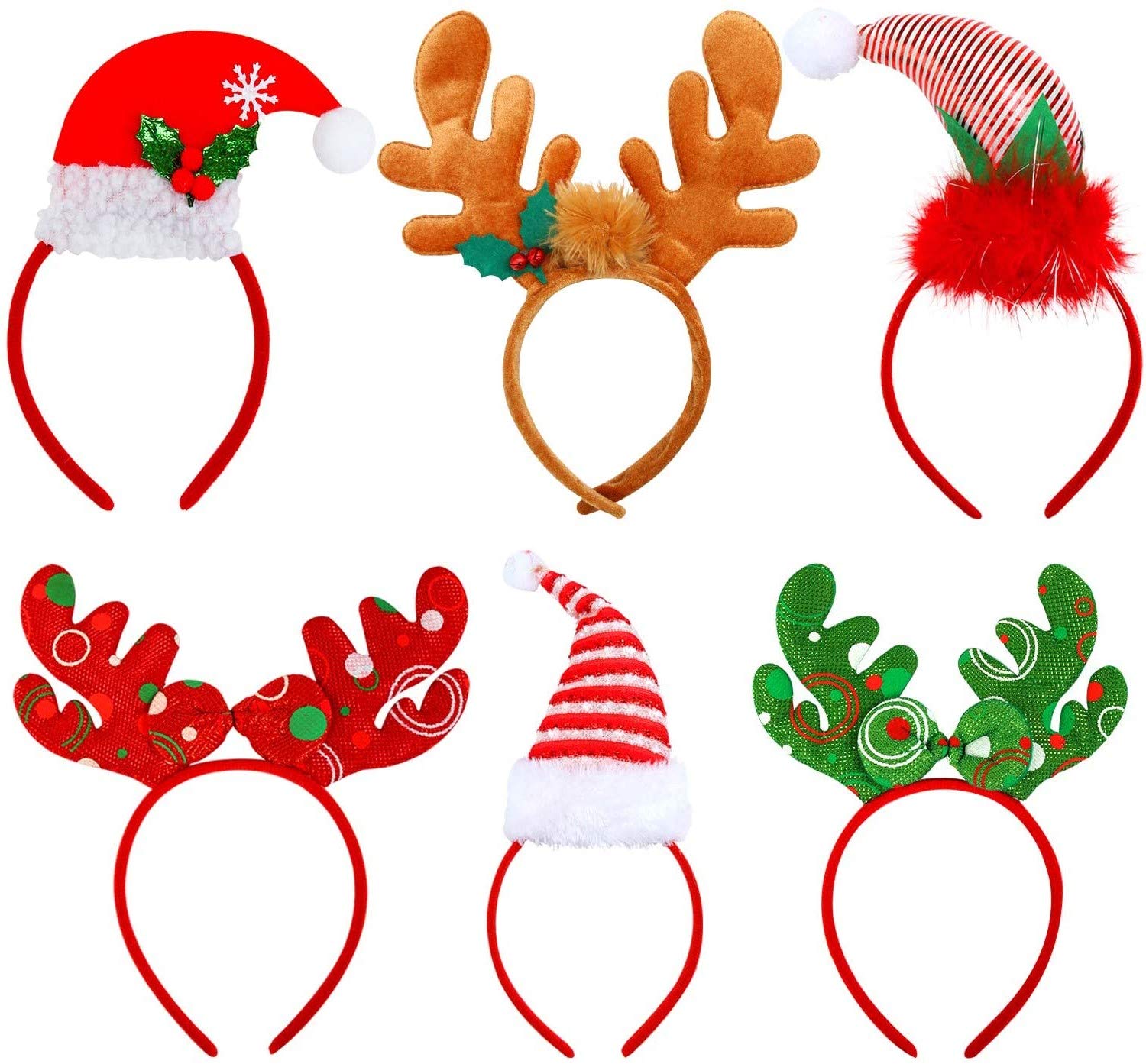 KAHEIGN 6Pcs Christmas Elves Headbands, Reindeer Antlers Headbands Santa Christma Hats for Christmas Party Holiday Party Gift Costume Partys