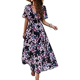 Women's Floral Maxi Dress Flowy V Neck Empire Waist Summer Wedding Guest Party Casual Chiffon Dress