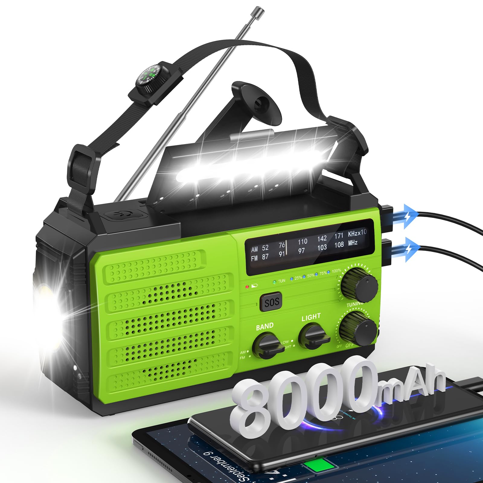 8000mAh Emergency Wind Up Radio, Hand Crank Solar, AM/FM Radio with 3-Mode Flashlight, 2-Mode Reading Lamp, SOS Alarm with USB Phone Charger for Emergency Outdoor (Green)